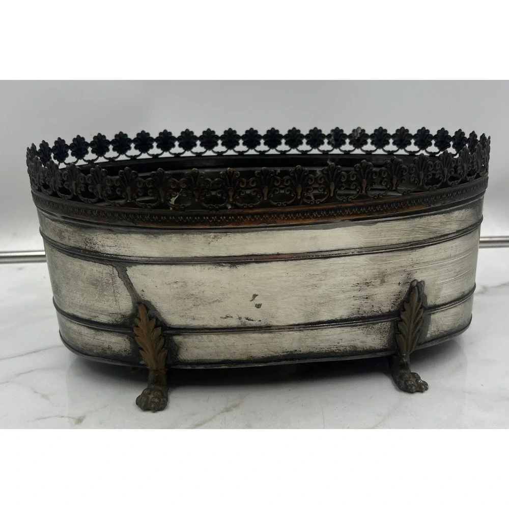 Vintage Italy TR 16 Oval Metal Planter Cachepot Lion Paw Feet Reticulated Rim